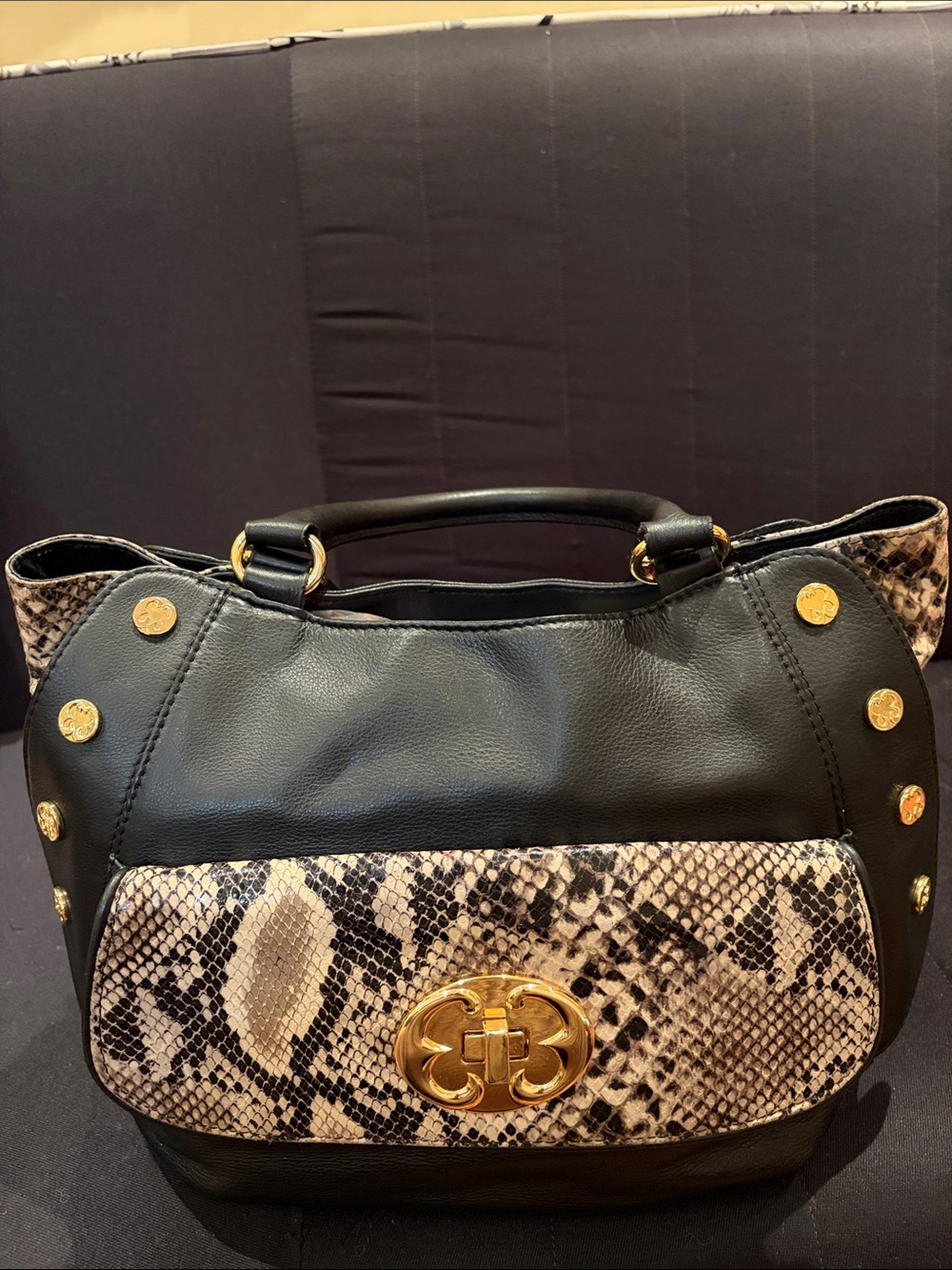 Emma Fox Black Shoulder Bag with Snake-Print Flap and Gold Accents